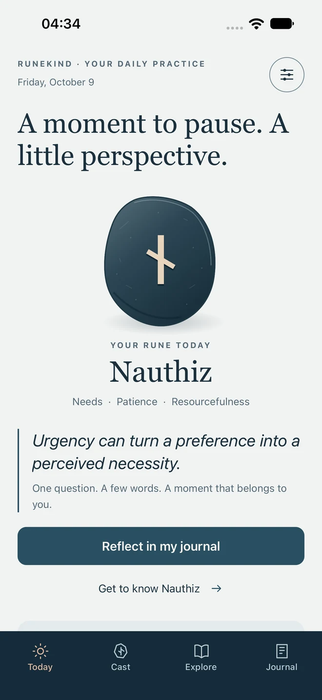 RuneKind daily rune screen showing Nauthiz and a reflection prompt